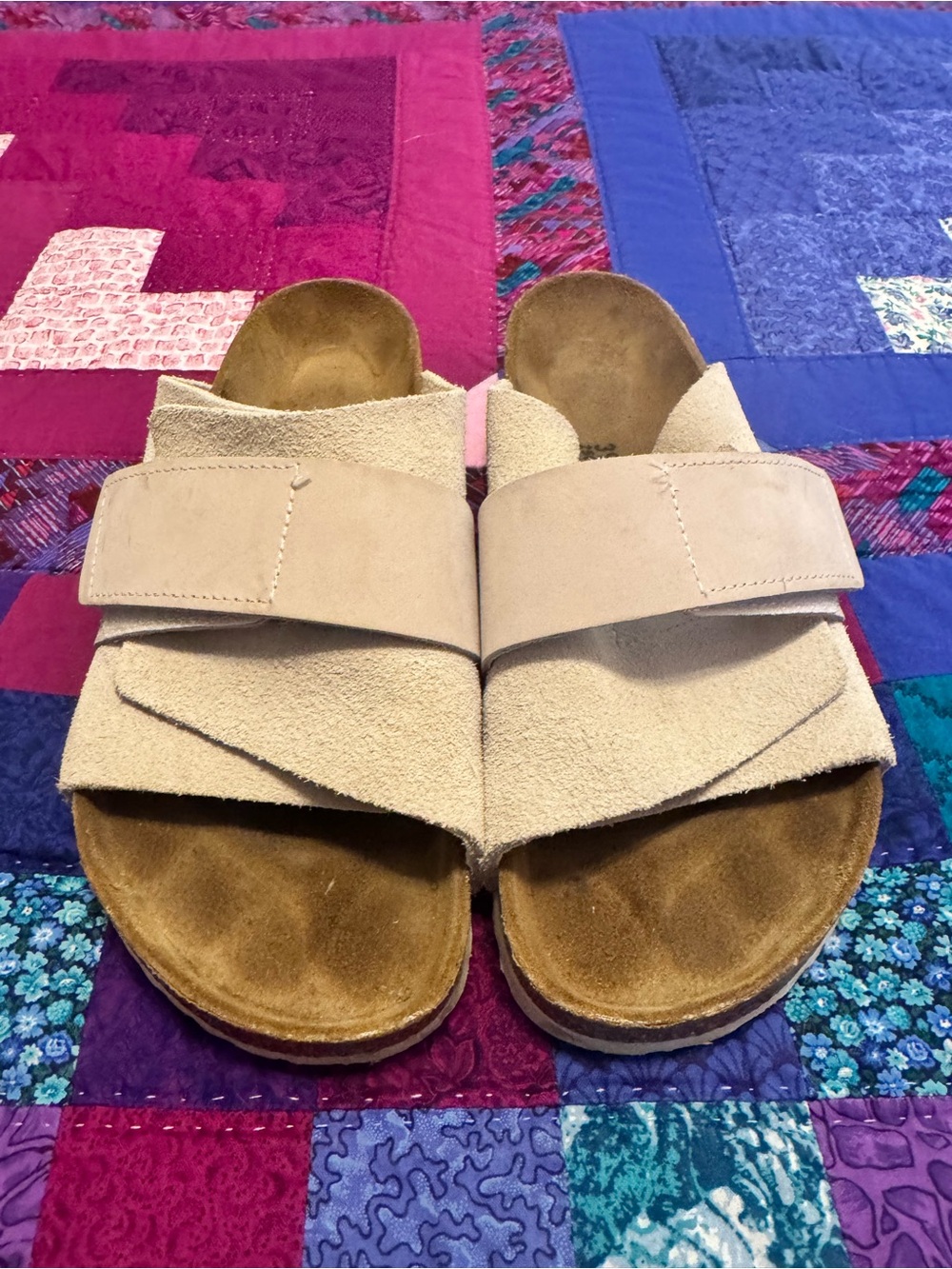 Birkenstock Women's Beige Suede Velcro Slide Sandals